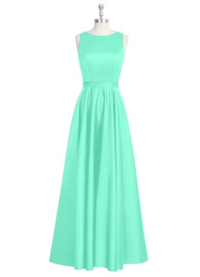 Turquoise Azazie Jakayla — Boatneck Satin Keyhole Floor Length Dress