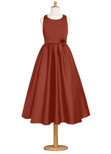 Rust Azazie Coraline JBD — Tea Length Strap Detail Scoop Satin Dress ...