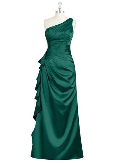 Peacock Azazie Kamila — Floor Length Side Zip One Shoulder Charmeuse Dress