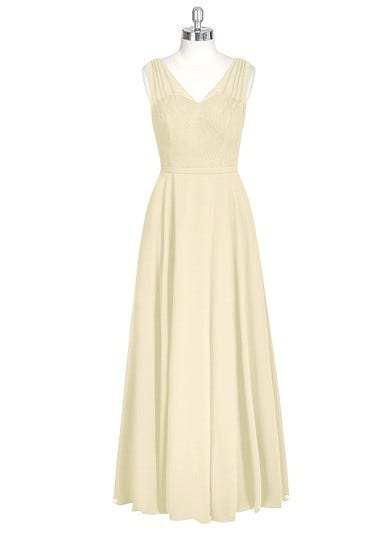 Champagne Azazie Eileen — Chiffon And Lace V Neck Floor Length Illusion Dress