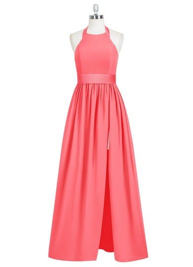 Long Chiffon Simple Dress with Halter Neck Watermelon