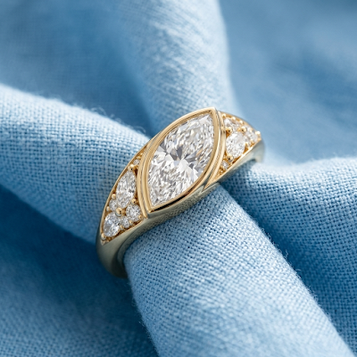 A fine jewelry design that highlights the brilliance of a marquise cut lab grown diamond.