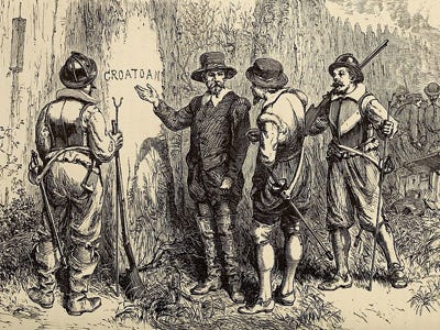 An engraving of travellers investigating the Roanoke Colony by William James Linton, 1876 (Wikimedia Commons)