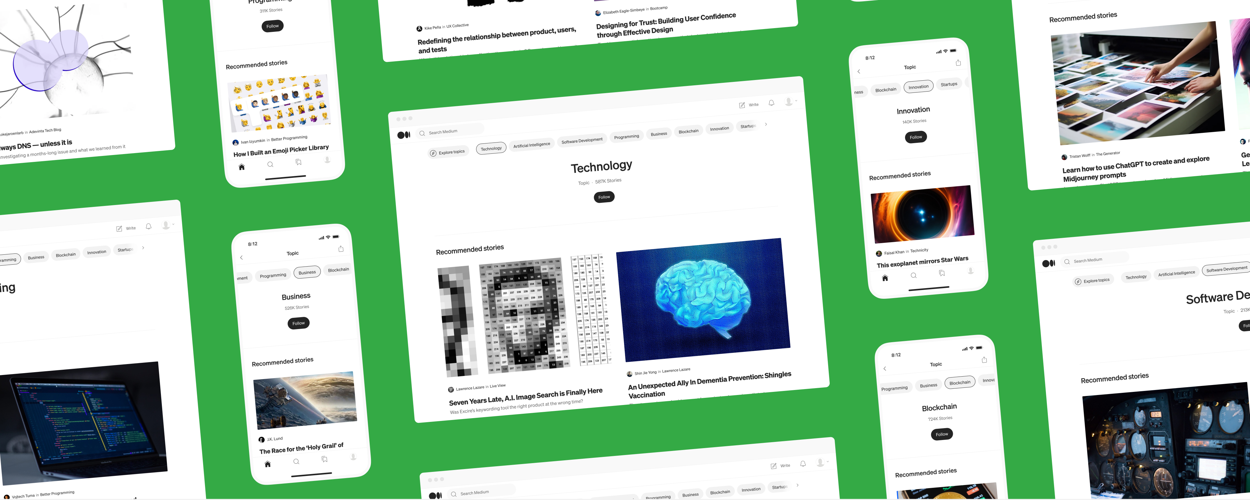 Cover overview image with screenshots of the newly launched topic pages across Medium for the web and apps.