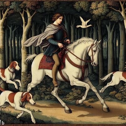 Young Prince in wood with hounds.