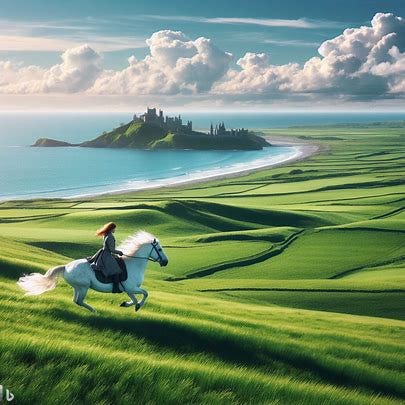 Princess on a white horse by the sea with castle in the distance.