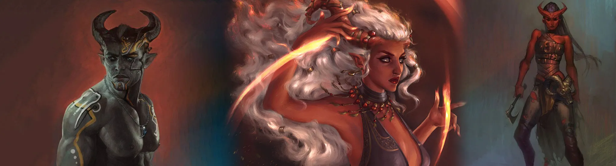 Dragon Age Wiki, Tiefling Warlock by Lin Romanov and Unknown