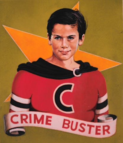 Pop Artist Mel Ramos’ portrait of Ari Meisel, for which Mel re-visited his early Pop work, Crime Buster.