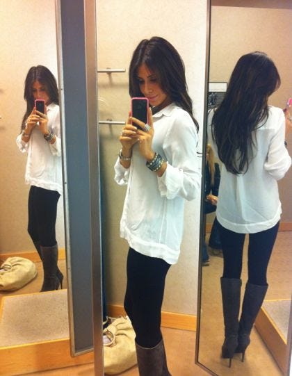 Trendy Fall Fashion Outfits : white blouse + black leggings + boots, by  Women World