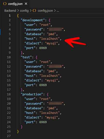 Add “user”, “password”, “database”, “host”, “dialect” & “port” of your local database in your Configuration File.