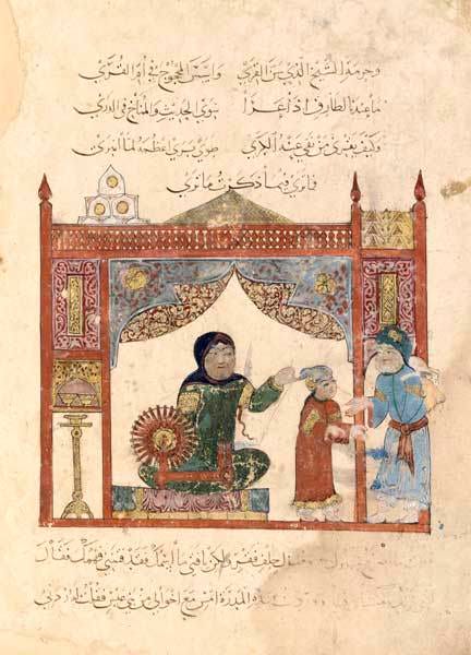 Woman spinning using a charkha type spinning wheel in a painting by al Hariri of Basra, dated 1237. (Image in public domain)