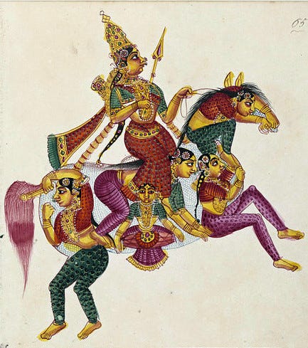Rati on a composite horse made of bodies of women (Image source: Wikimedia Commons)