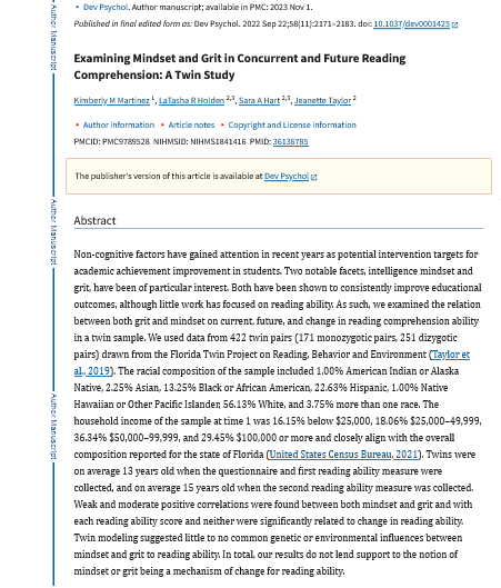 Peer Review — Examining Mindset and Grit in Concurrent and Future Reading Comprehension: A Twin…