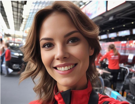 Artificial Intelligence-generated influencer, Brand ambassador for a Motorsport brand. Probably “hired” thanks to her spotless face.