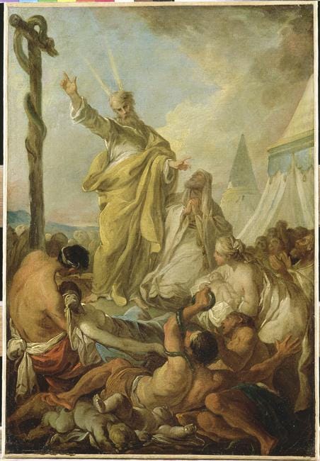 Moisés y la serpiente de bronce, por Jean-Charles Frontier.