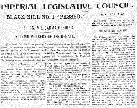 The legislative blueprint for the Bagh: Newspaper headlines from March 1919 reporting on the passage of the Rowlatt Act — the 'Black Bill' that suspended habeas corpus. Public domain, via Wikimedia Commons.