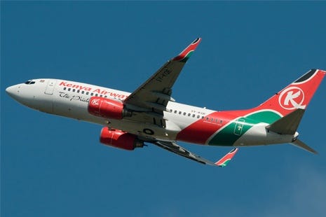 A Kenya Airways aircraft in flight, highlighting the carrier’s distinct livery and its role in regional aviation connectivity.