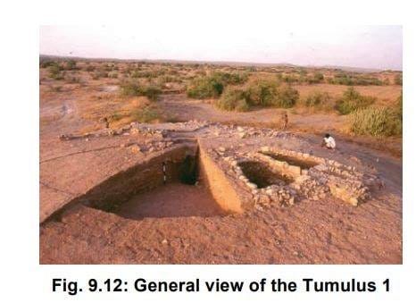 A tumulus or ‘kurgan’ in shape of a spoked wheel discovered from Harappan city of Dholavira in Gujarat. Archaeologist RS Bisht connects it with rathachakrachiti or fire altars in shape of spoked wheels mentioned in ritualistic texts. Though he tries to connect the altars in general with funerary mounds, there is still no direct relation between rathachakrachiti & funerary monuments. Though it is still possible that later day designs of stupa bases evolved from such mounds.