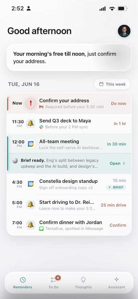 Constella pulling my reminders automatically from Slack, Gmail, and Calendar — I didn’t create any of these manually