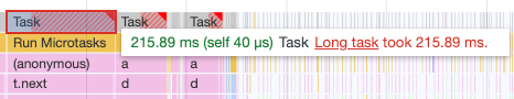 A task with red rectangle in top right corner and tooltip saying it’s a long task which took 215.89 ms