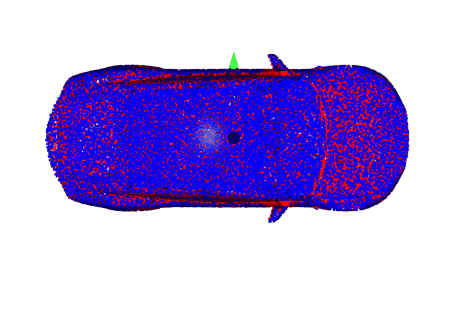Rotated point cloud after the hidden point removal operation from the camera viewpoint shown in the illustration above. Again, the “visible” points are in blue while the “hidden” points are in red.