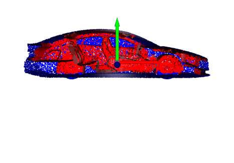 Cropped point cloud after all the sequential hidden point removal operations showing all the “hidden” points in red that belong to the interior of the 3D car model.