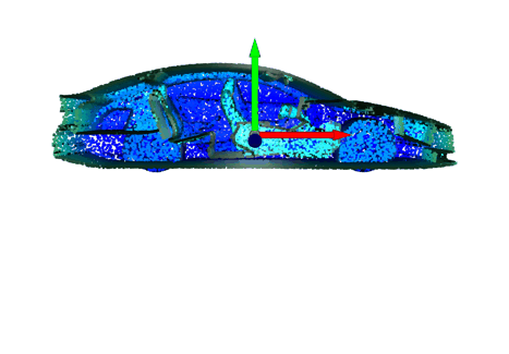 3D point cloud cropped in Z-axis with the right half of the car removed (positive Z-axis). Like the cropped mesh above, the cropped point cloud also shows the detailed interior in this 3D car model.