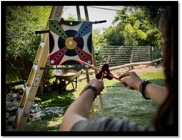 Photo of colorful dart board hanging on the side of ladder with girl in foreground holding two sticks with the magnet triangle on them in a cross position.