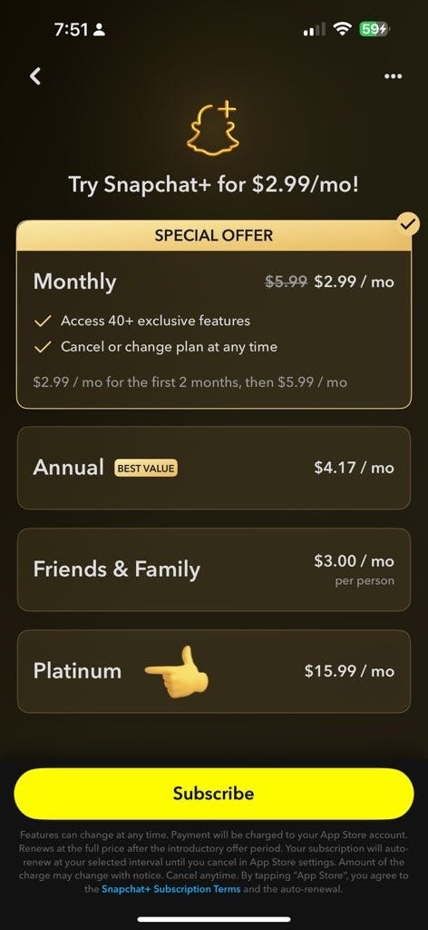 Snapchat launches an ad-free ‘Platinum’ plan for $15.99 per month