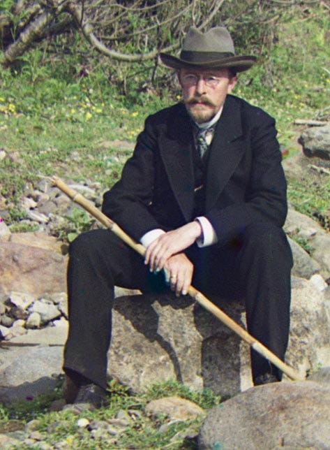 Photo of Prokudin-Gorskii, possibly by one of his assistants, 1912. Original title:” On the Karolitskhali River.”