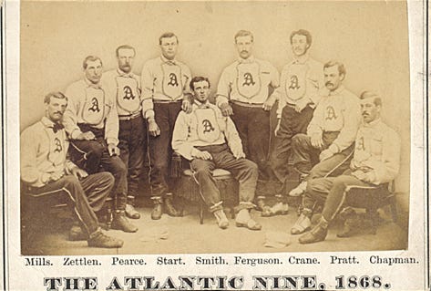 Some will regard this as the first baseball card, as it was produced multiply and could be had from sporting-goods dealers Peck & Snyder. Issued as a carte de visite or calling card (standard form, 2.125 x 3.5 inches), it competes for that “title” with several earlier cards.