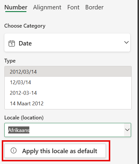 The whole point of formats is for communication: having a separate Afrikaans date format defeats the purpose