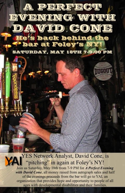 Fan favorite David Cone bartending for charity at Foley's NY on May 18, by  MLB.com/blogs