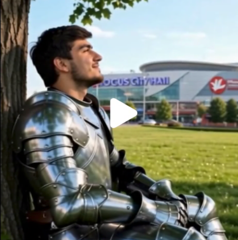 GenAI animation of one of the Crocus City Hall attack perpetrator depicted as a knight with the attack scene in the background