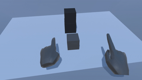 Virtual hands manipulating and stacking cubes in virtual reality using Leap Motion Interaction Engine