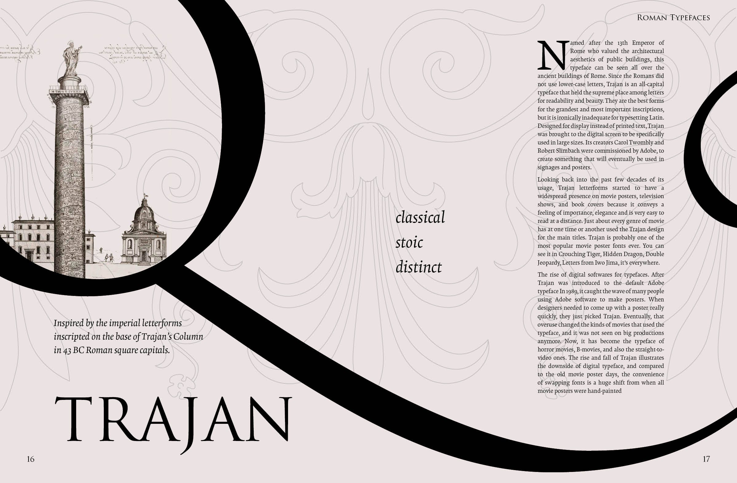 Typeface Spread—TRAJAN. Characteristics, personality, and flow | by Jessica  Lai | Medium