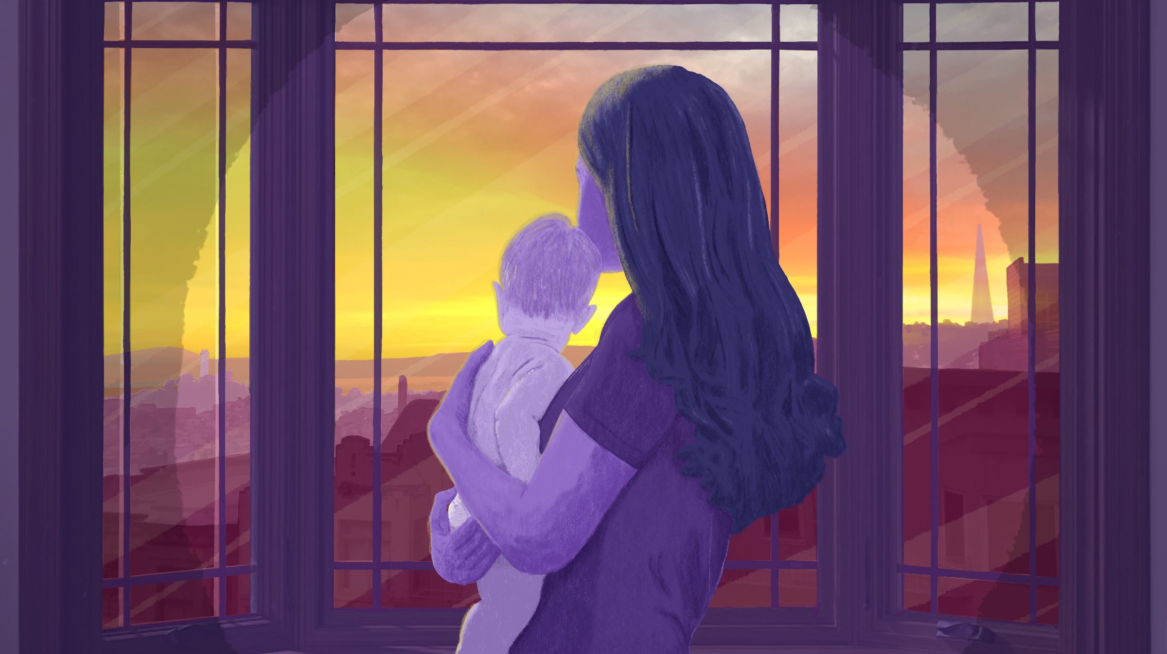 Woman holds a baby looking out the window.