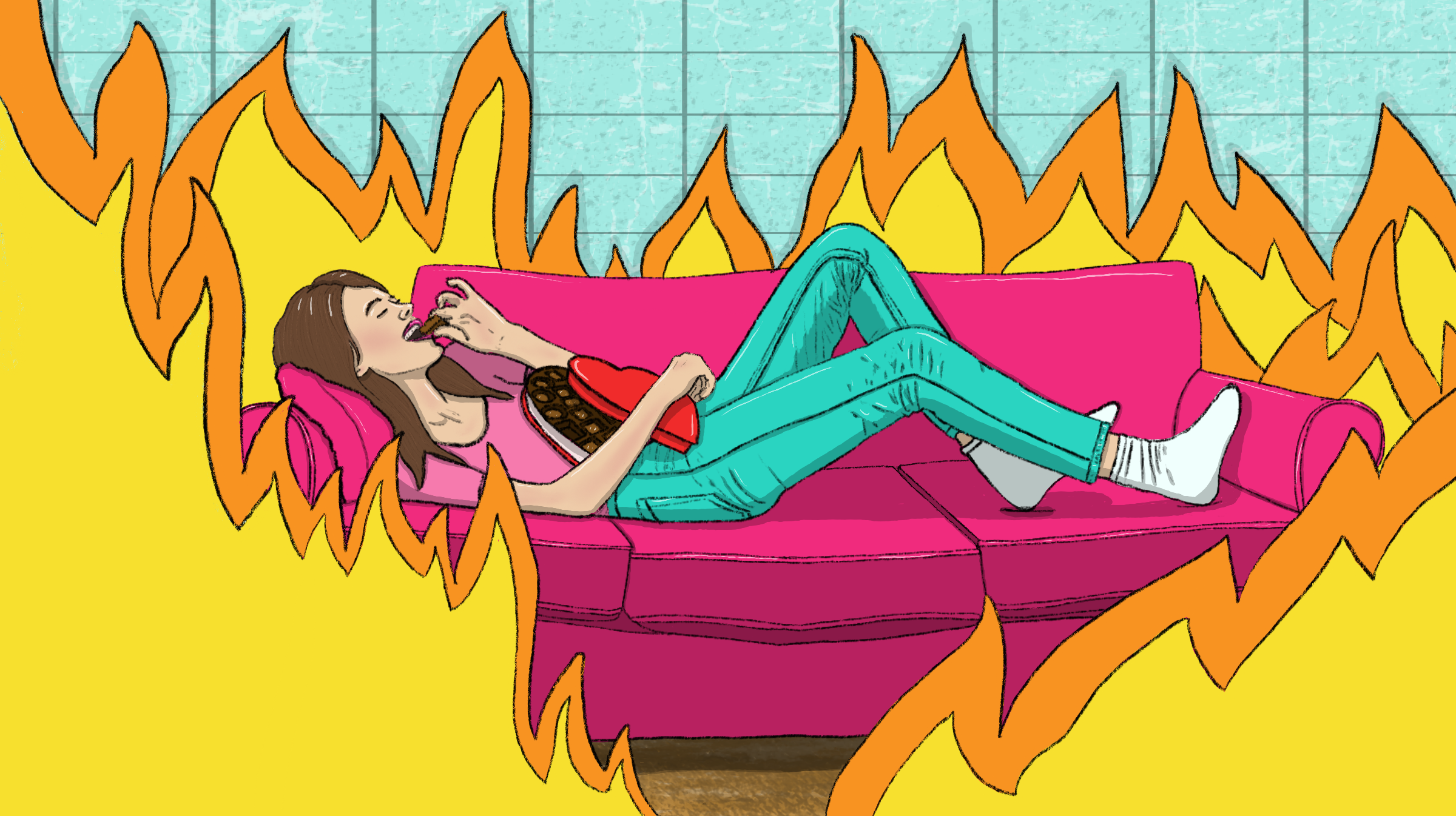 Illustration of single woman eating chocolate alone on couch surrounded by flames.