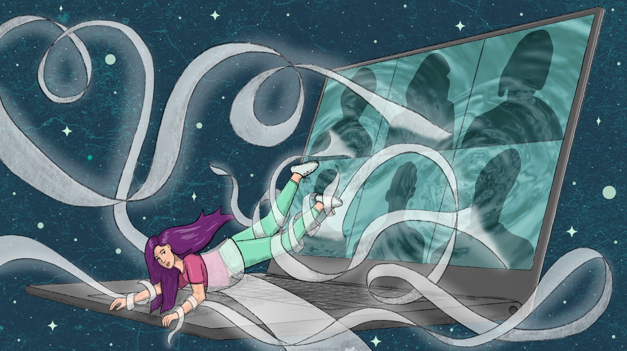 An illustration of a woman swimming away from a Zoom-filled computer screen.