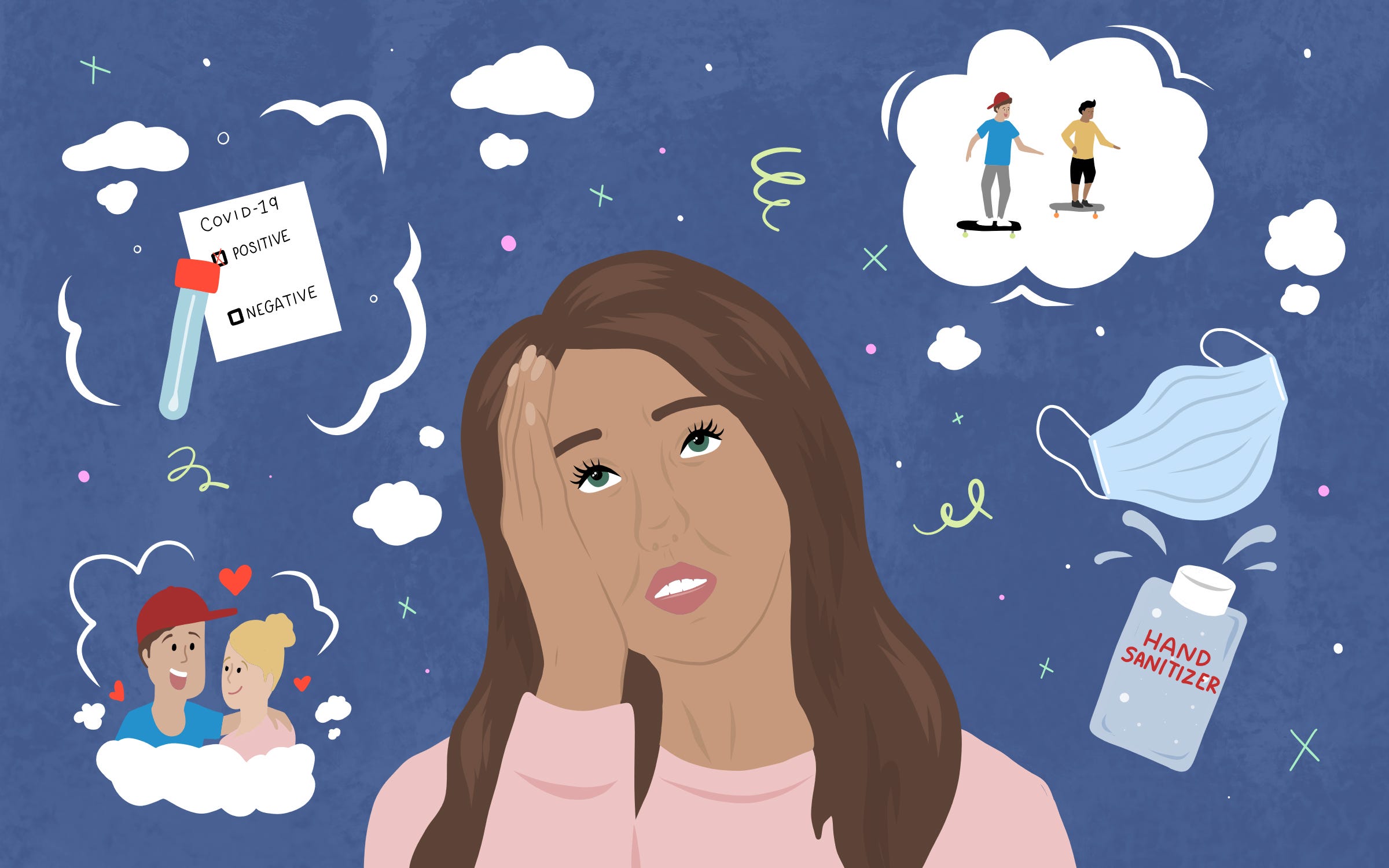 A person with their hand on their head, worrying about masks, hand sanitizer, distancing, Covid tests, and first dates.