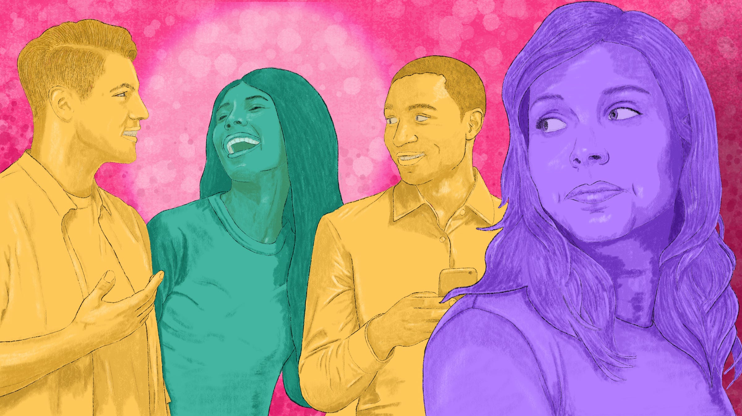 Two men, colored monochromatic yellow, talking to a laughing green woman; a purple woman looks over her shoulder at them.