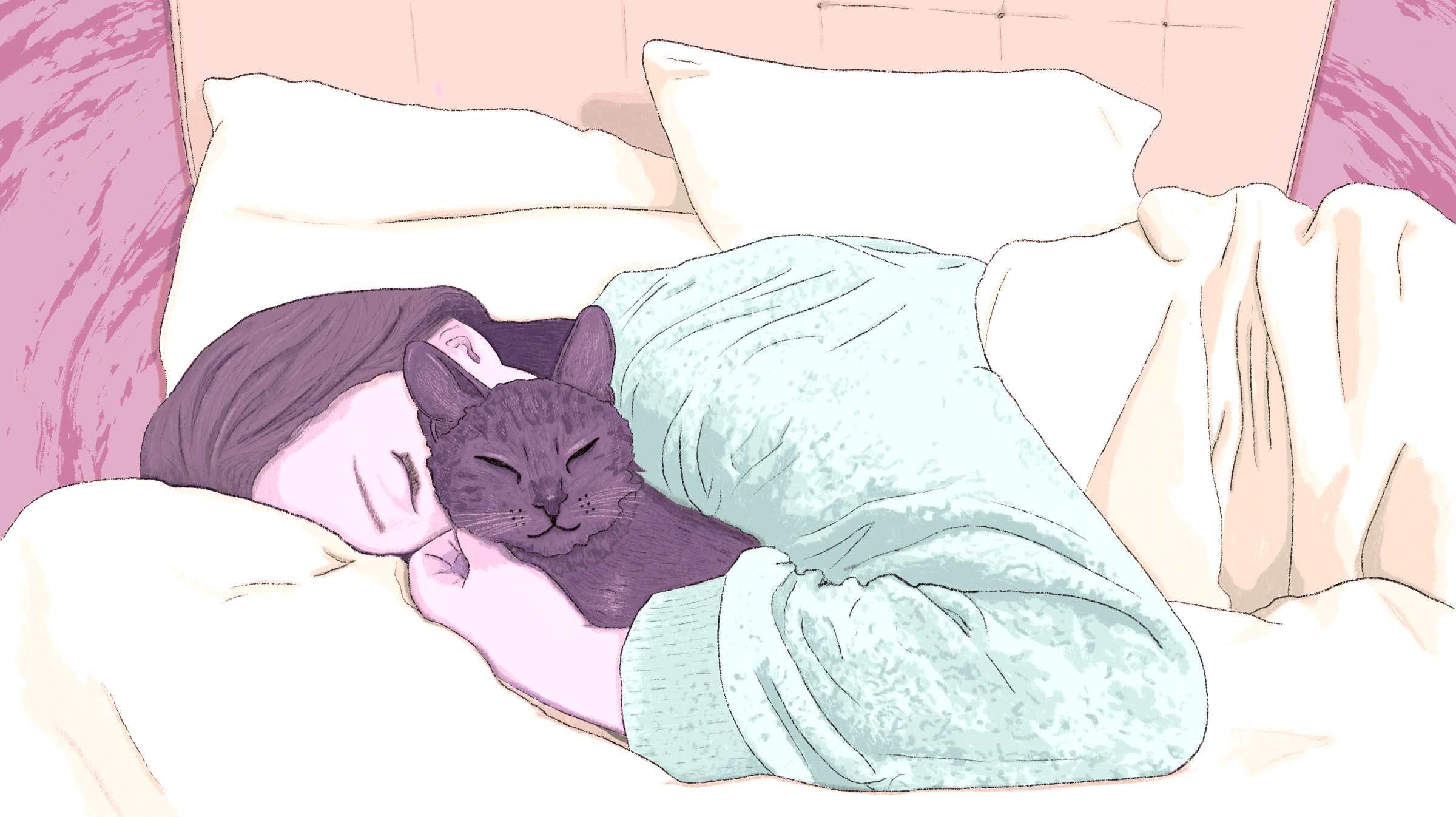 Illustration of a person in bed, cuddling a dark-brown cat that has its eyes closet.
