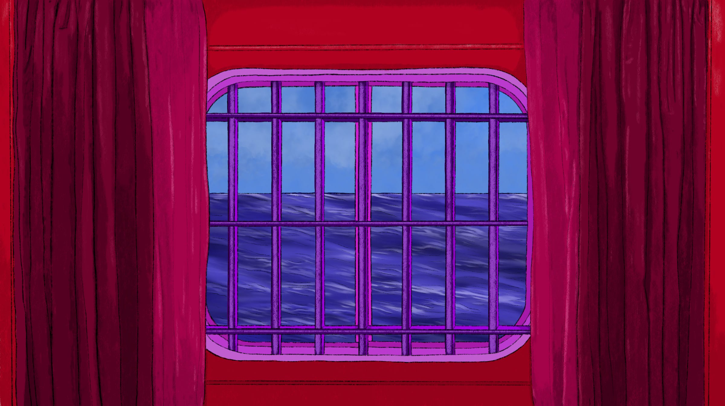 Illustration of a cabin window on a cruise ship, looking out at the ocean. The window has bars over it.