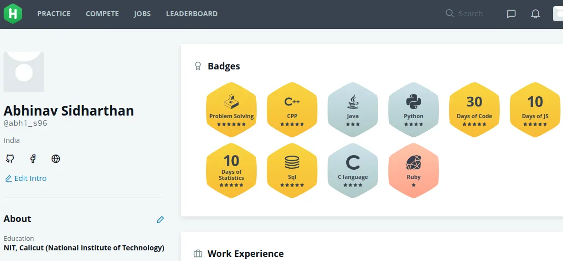 Screenshot of HackerRank Badges