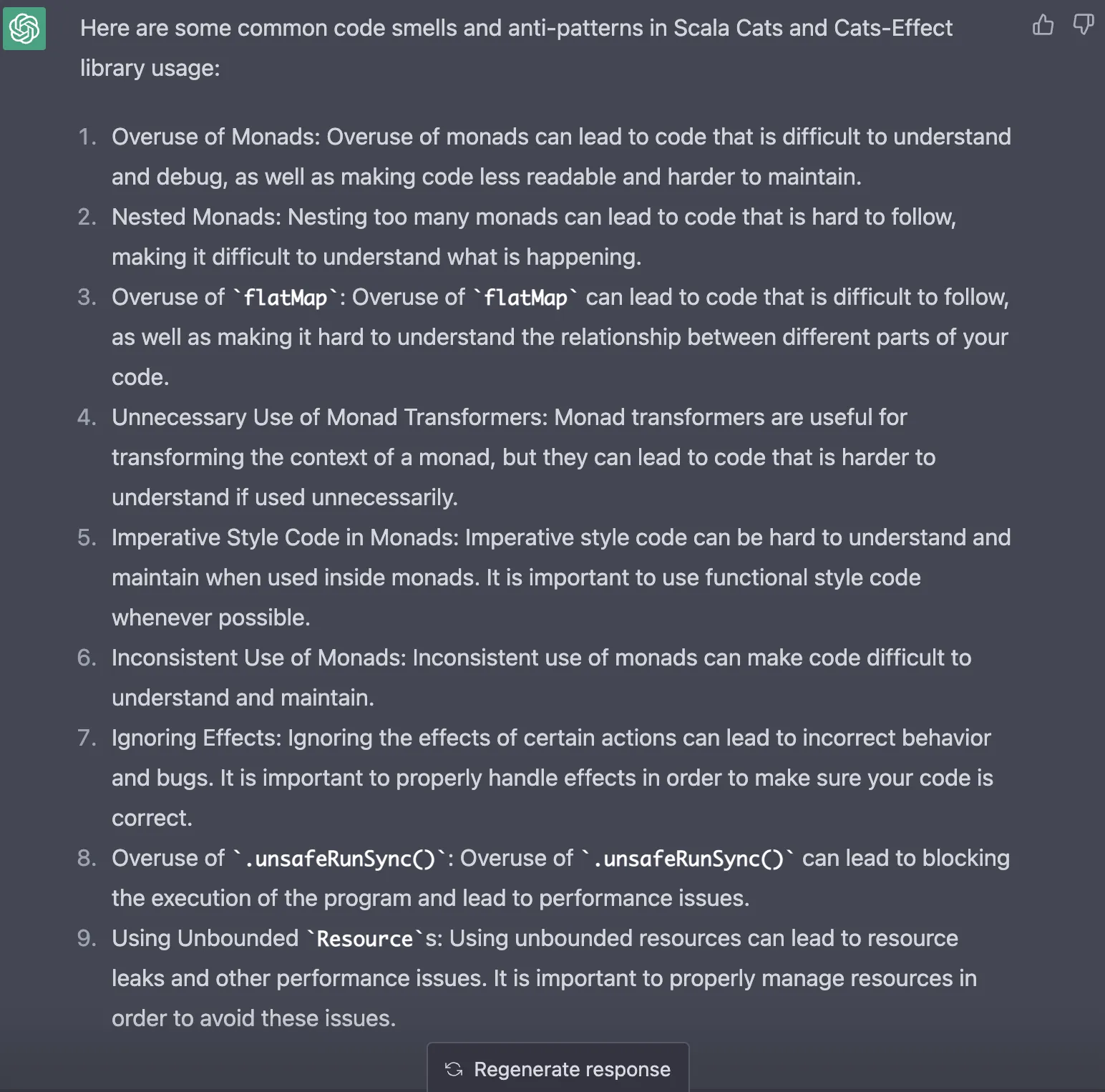 ChatGPT talks trivial about FP anti-patterns in Scala