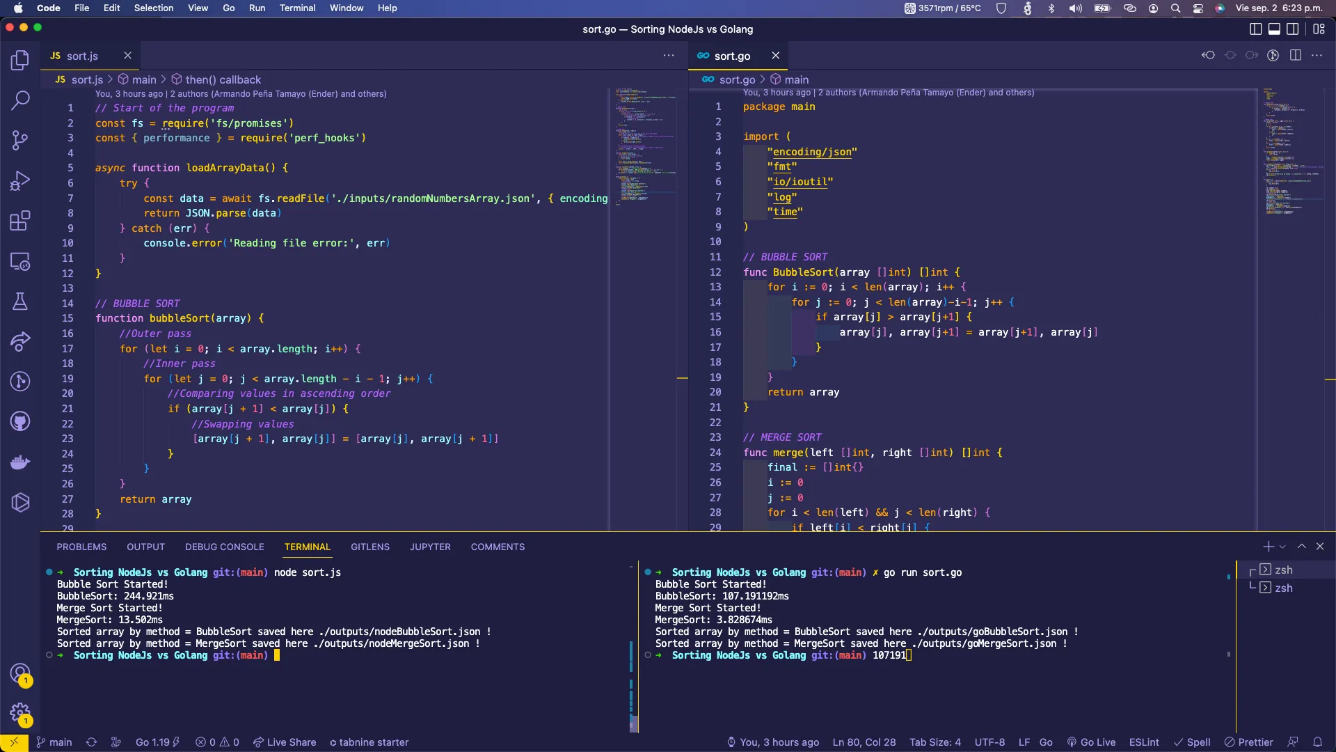 Visual Studio Code with the sorting project open, Node.js on the left, Go on the right.