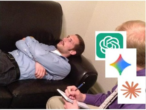 Fig.6 The imitation of human consultants by AI, symbolic Picture: Psychotherapy, Wikimedia Commons, Jty33 With the Logos of ChatGPT, Gemini and Claude
