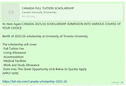 Screenshot of the WhatsApp message claiming the University of Toronto offers scholarships