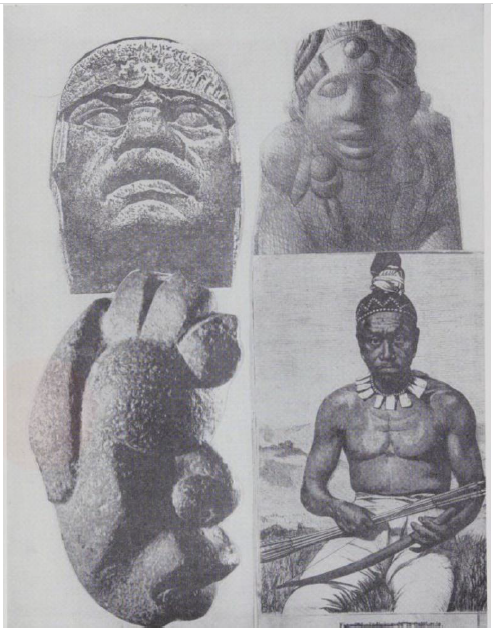 “Negroes in America before Columbus: TOP LEFT: Head of God from Tenochtitlan, Mexico. TOP RIGHT: Figure found in ancient Indian grave in Connecticut. BOTTOM LEFT: Massive head from Yucatan (National gallery, Washington). BOTTOM RIGHT: California Native before Columbus.” Caption by Chase McGhee. 13 Black Scholars Who Admitted there were Black people in the Americas before Columbus. Self-published. 2023.