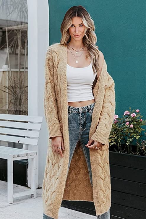Long Cardigan Coats for Women in Cable Knit Casual Open-Front Loose Sweater  with Pockets, womens cardigan coat, by sonic